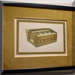 A11. Set of three framed classic Indian musical instrument embellished prints. Sitar, drum and harmonium. 19”x15”, 18”x14”, 15”x19” - $120 for the set